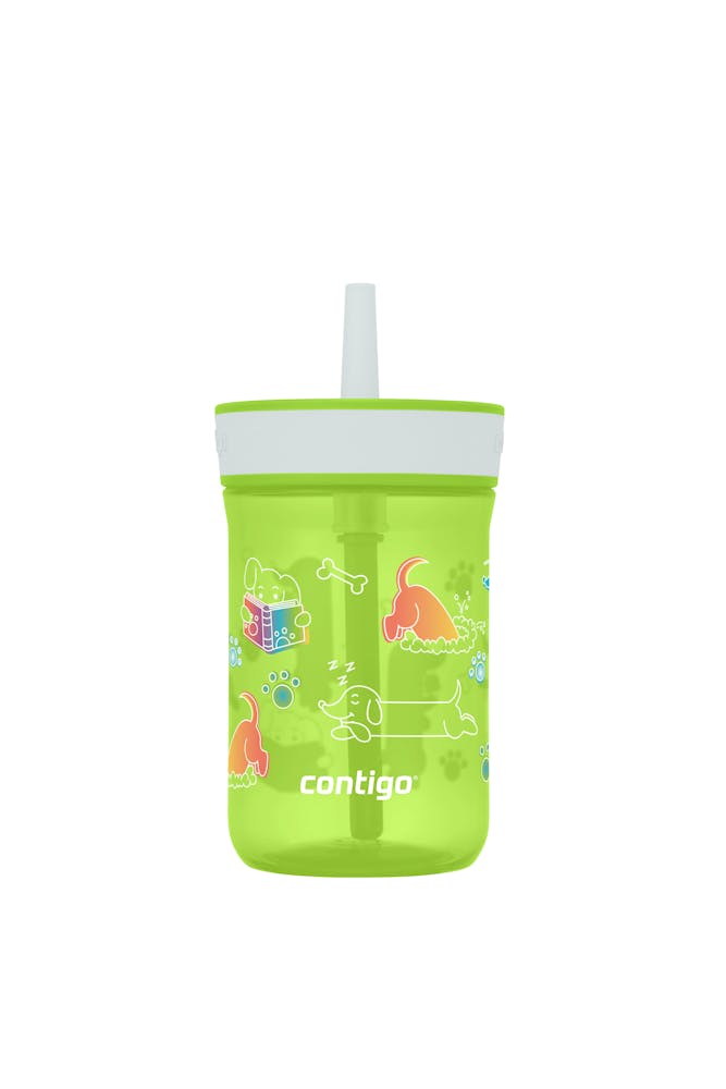 Kids Leighton Spill-Proof Tumbler with Straw, 14oz., 2-Pack L5 Cool Lime Macaroon with Dogs Doing Things